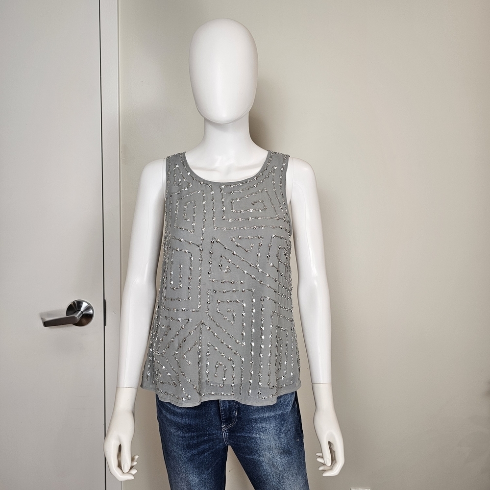 Walter Baker Olivia Chiffon Beaded Metallic Grey Open Back Tank Top Sz M